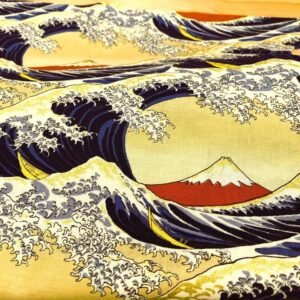 Tela japonesa Monte Fuji y olas beige y dorado