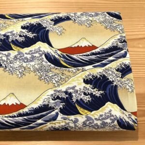 Tela japonesa Monte Fuji y olas beige y dorado