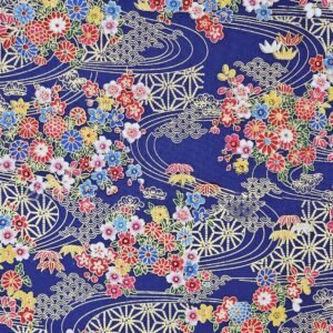 percal de estilo japonés azul cobalto y dorado con cerezo y arce