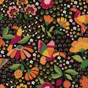 Popelín negro con tucanes y flores