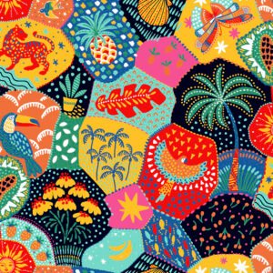 Popelín negro con palmeras y tucanes