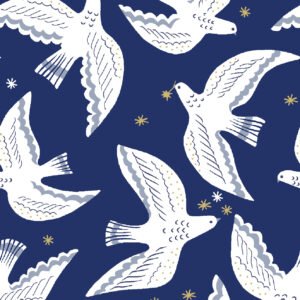 percal de algodón azul marino con pájaros blancos