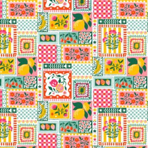 percal de algodón con frutas y flores multicolor