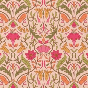 tela de algodón rosa con flores modernistas