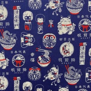 Loneta azul kawai con gatos neko, darumas y ramen