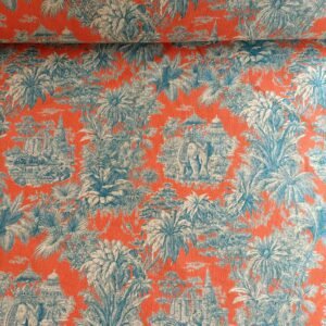 tela de algodón estilo colonial indio naranja y azul petróleo