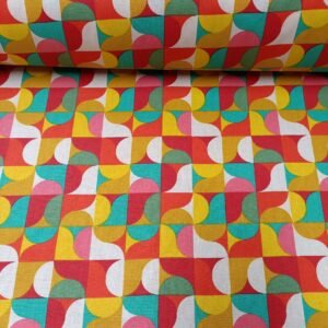 tela de algodón motivos geométricos en rojo, amarillo y verde