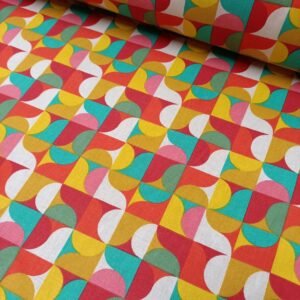 tela de algodón motivos geométricos en rojo, amarillo y verde