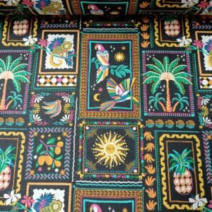 tela de algodón negro motivos tropicales