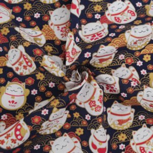 Percal de estilo japonés azul con gatos nekko