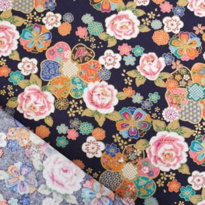 Percal de estilo japonés azul marino con flores sakura