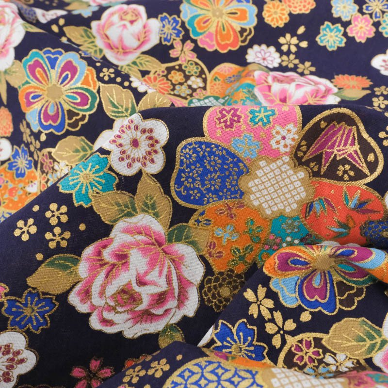 Percal de estilo japonés azul marino con flores sakura - Imagen 4