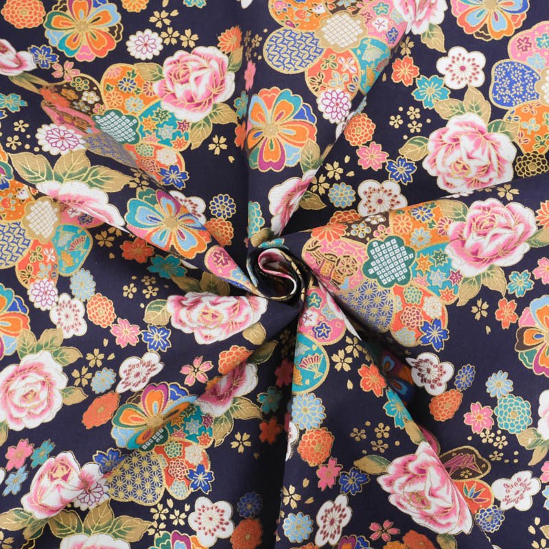 Percal de estilo japonés azul marino con flores sakura - Imagen 3