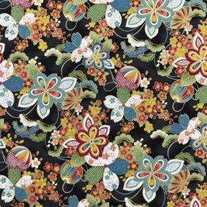 Percal de estilo japonés negro con flores